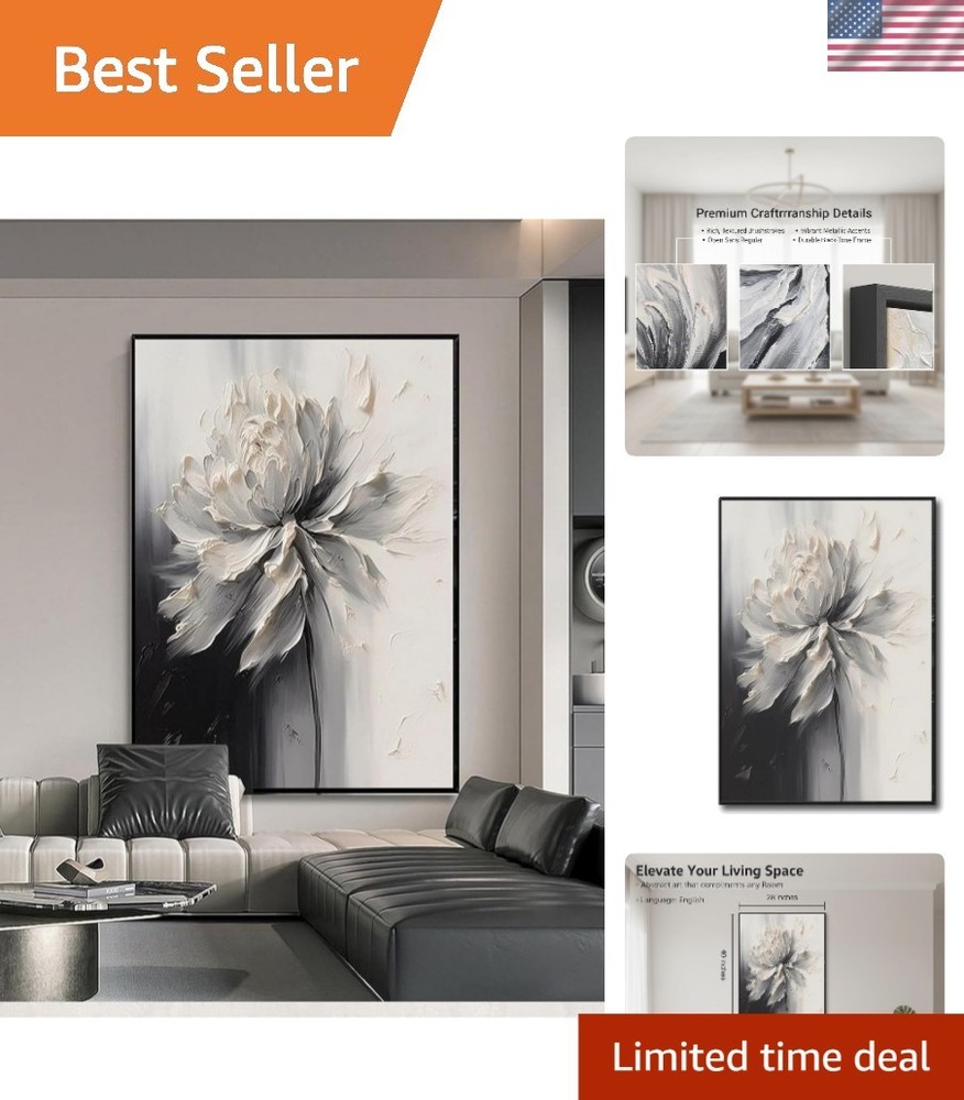 Stunning Large 28″ x 40″ Abstract Flower Art – Modern Black and White Wall Decor