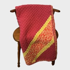 Handmade Crochet Pink with Pale Yellow Acrylic Yarn Afghan Blanket 48″ x 50″