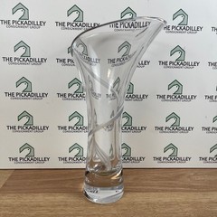 Modern Clear Glass Flared Vase Frosted White Swirl Design Heavy Base 10.5 Inch