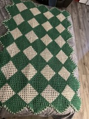 crochet granny square afghan blanket vintage 60 inch By 36 inch Green White