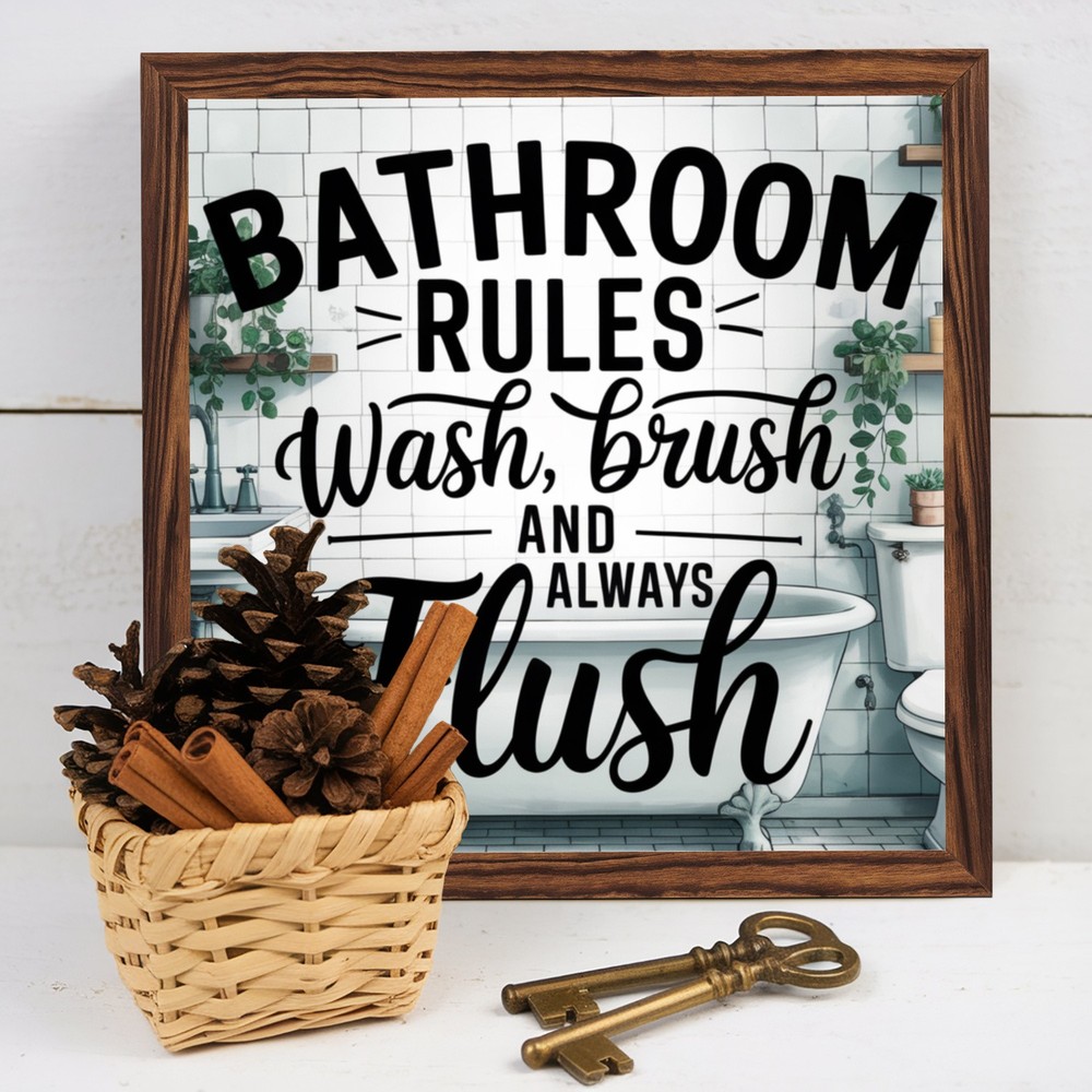 Bathroom Rules Wash Brush Flush Rustic Wooden Plaque Bathroom Wall Decor Sign