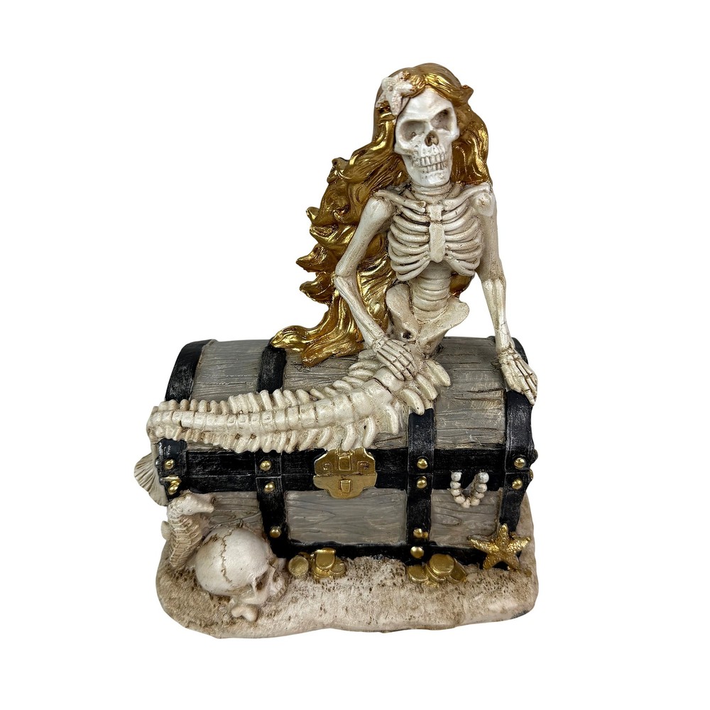 Mermaid Skeleton Figurine Pirate Treasure Chest Resin Statue 8 in Decor