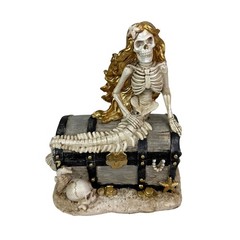 Mermaid Skeleton Figurine Pirate Treasure Chest Resin Statue 8 in Decor