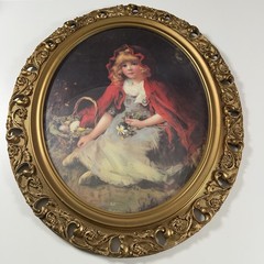 26″x22″ LARGE Antique Victorian Gilt Gesso Oval Frame Little Red Riding Hood Art