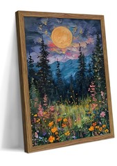 Framed Nature Forest Canvas Wall Art, Full Moon above Wildflowers and Woodlan…