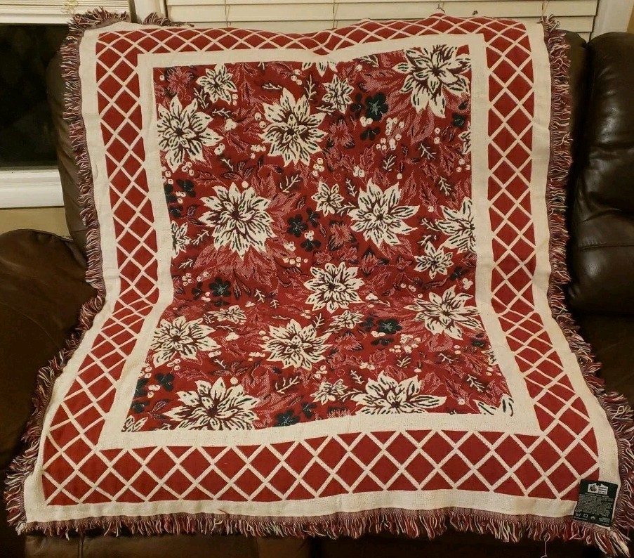 Goodwin Weavers Cotton Tapestry Throw Blanket Christmas Floral Reversible USA