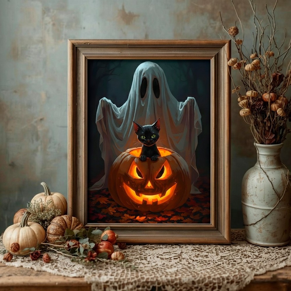 Black Cat and Pumpkin Ghost – Halloween Digital Wall Art | (DIGITAL DOWNLOAD)