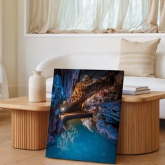 Serene Cave Interior Featuring Dramatic Rock Formations With Elongated Wall Art