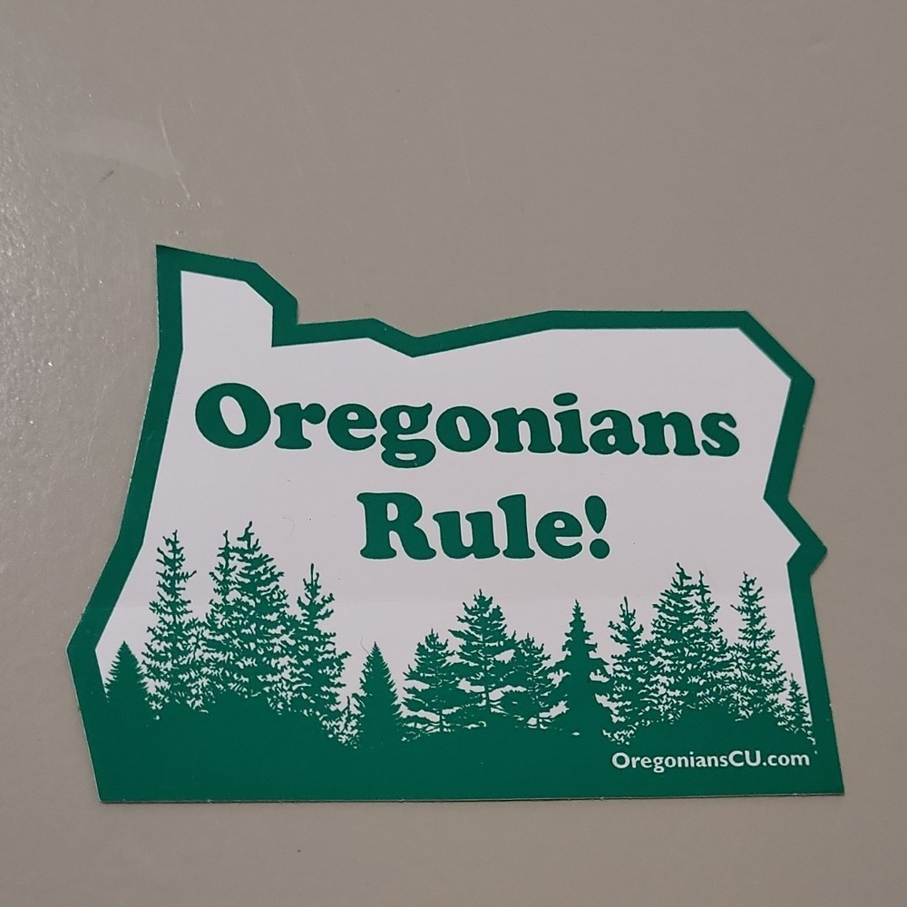 Oregonians Rule! Oregon Shape Vinyl Sticker Decal, Green White, Self-Adhesive