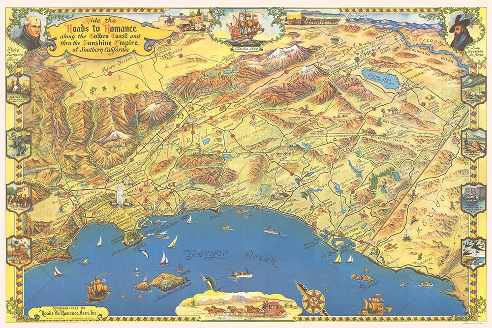 1953 Roads To Romance Southern California Old Map Wall Art Home – POSTER 20″x30″