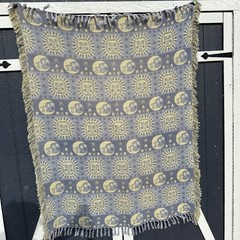 Rare Vintage Celestial Woven Tapestry Throw Blanket Fringe 62x42in Sun Moon Star