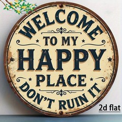 Vintage «Welcome To My Happy Place» Round Metal Sign Funny Home Wall Decoration