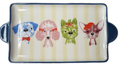 Whimsical Dog Serving Snack Tray Ceramic Pug Poodle Yorkie Chihuahua Striped NEW