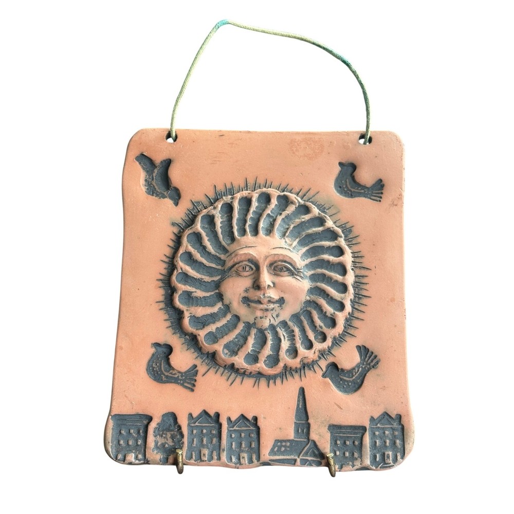 Barbara Sexton 1993 Terracotta Celestial Sun Face Village Wall Plaque Art Tile