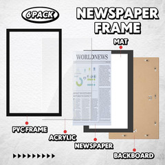 14×24 Newspaper Frame with Mat for 11×22 Articles, 6 Pack, Black