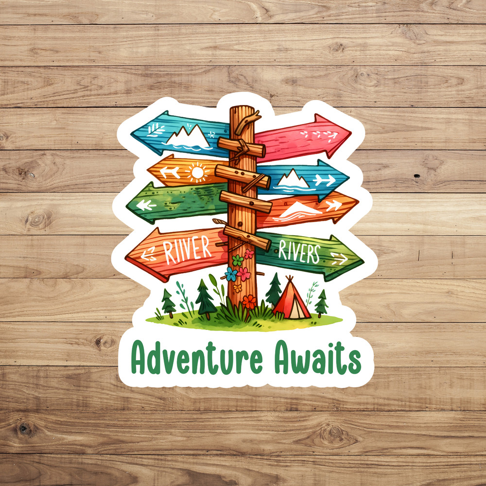 Adventure awaits sticker vinyl decal river camping hiking outdoor road trip