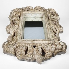 18th C Style Hand Carved Baroque Rococo Wooden Wall Mirror Antiqued White Gilt