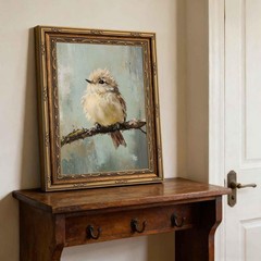 Gold Framed Bird Canvas Wall Art Vintage Beige Sparrow 11L x 9W, bird
