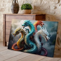 Dynamic Composition Featuring Five Majestic Dragons Intertwined Against Wall Art