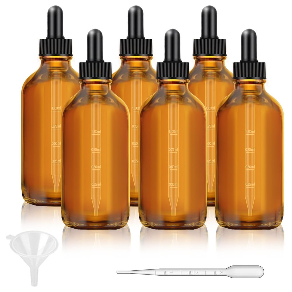 6 Pack, 4 oz Dark Amber Dropper Bottles with Measured 4oz,