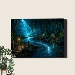 Lantern Lit Creek Path Wall Art Enchanted Mystical Night Landscape Scene