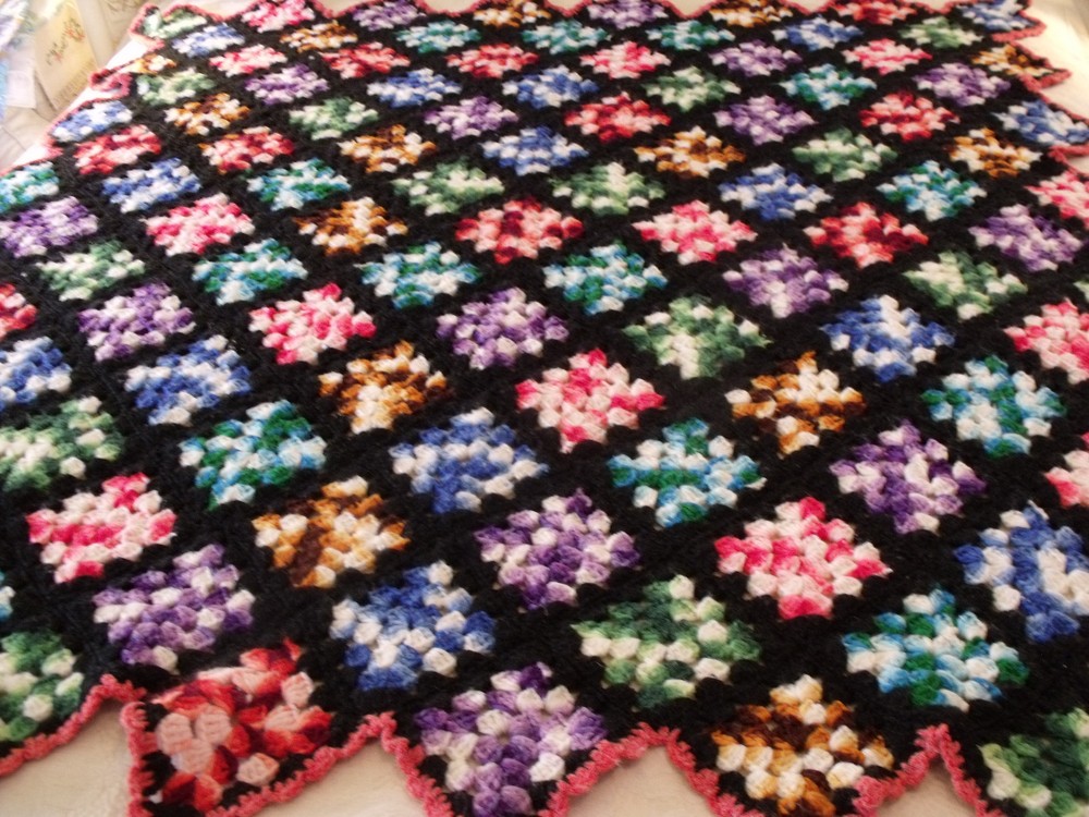 Vtg Crocheted Afghan Granny Squares Black Multi Variegated Colors BOHO 30″x58″