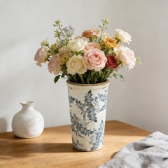 Dia 5.3″ Flower Vase, Bottle Ceramic White+Black Floral Patterns Desktop Decor
