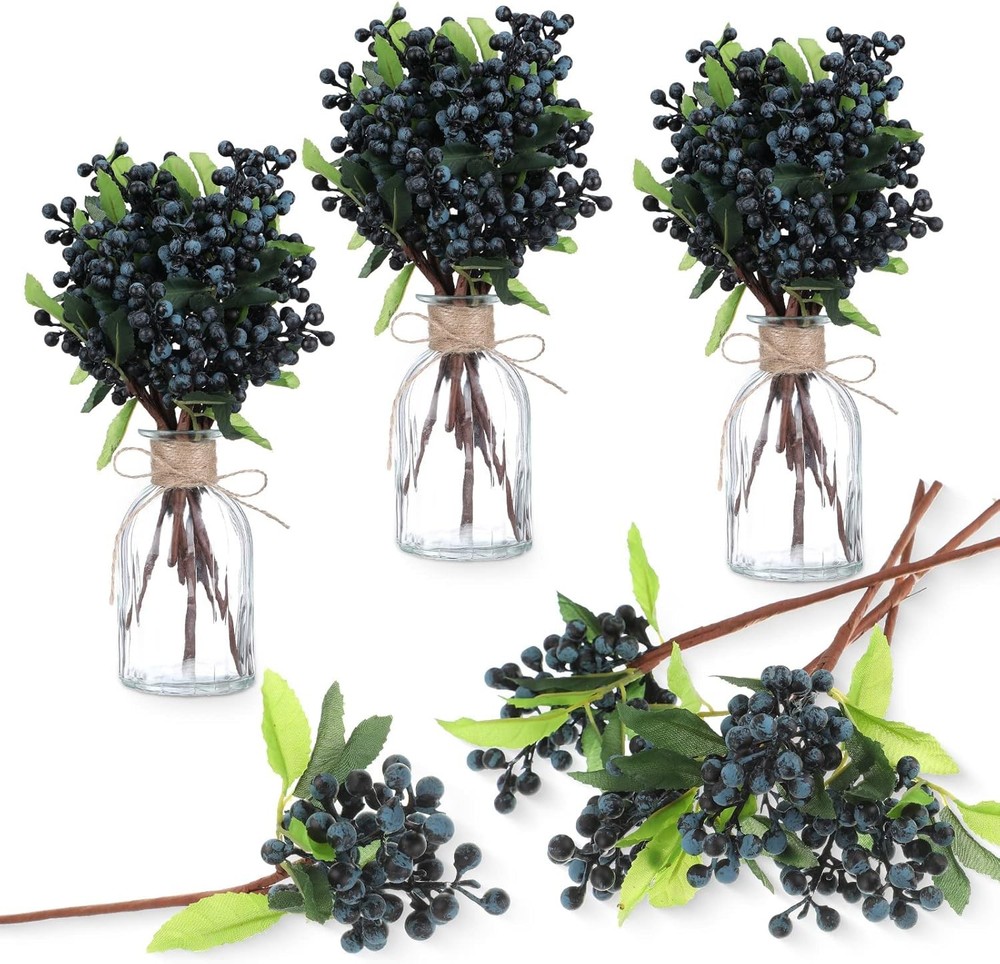 30 Pcs Artificial Blue Berry Stems Bulk, 9.8 Inch Faux Berry Picks with Green