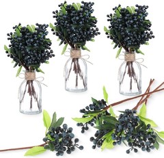 30 Pcs Artificial Blue Berry Stems Bulk, 9.8 Inch Faux Berry Picks with Green