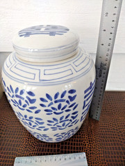 WBI Blue & White Ginger Jar & Lid Double Happiness Motif Hand Painted in China