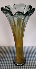 MCM Vase «ice cream float» swung glass bottle-green w/ brown & ivory swirls