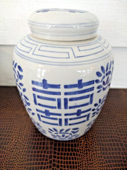 WBI Blue & White Ginger Jar & Lid Double Happiness Motif Hand Painted in China