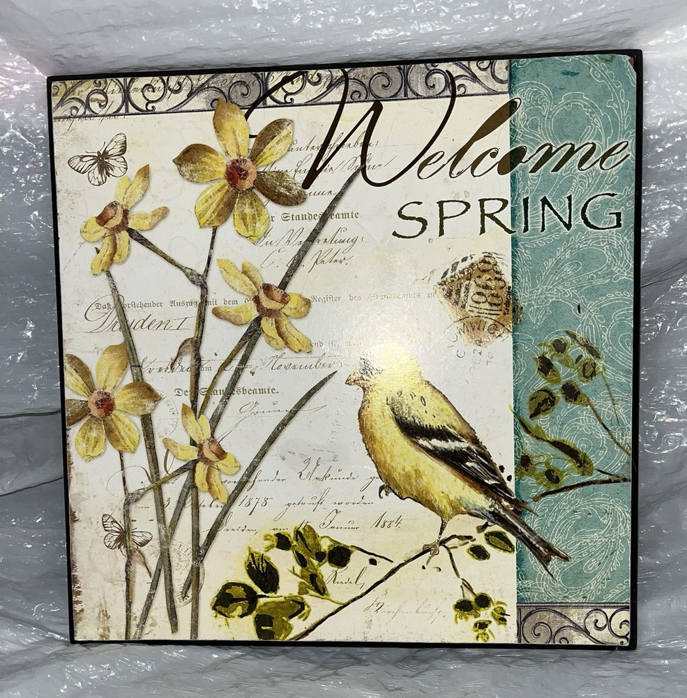 Wall Décor Plaque~ “Welcome Spring ” ~ Hardboard 8″ x 8″ Hanging Plaque