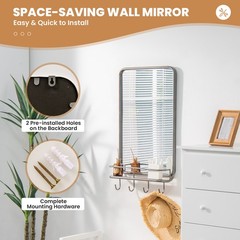 Wall Mounted Bathroom Mirror Rectangle Vanity Mirror with Shelf & 4 Hooks Black