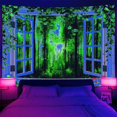 Forest Green Window Blacklight Poster UV Reactive Tapestry Wall Hanging Fabric