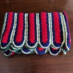 49”x39” Handmade Vintage Afghan Decorative Scalloped Edges Green Navy Red Yellow