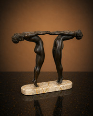 THEODORE ALEXANDER OPPOSING ART DECO ATHLETES CAST BRASS MARBLE SCULPTURE STATUE