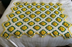 Vintage Handmade Crochet 3D Yellow Rose Motif Afghan Granny Square Throw Blanket