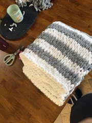 Handmade Chunky Knit Striped Gray and White Baby Blanket