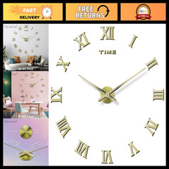 Large Frameless 3D Wall Clock with Mirror Effect, Roman Numerals, Silent Quartz,