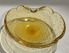 Vintage Murano Bullicante Controlled bubbles Art Glass Amber Yellow Ruffle Bowl
