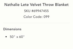 NEW Anthropologie Nathalie Lete Turquoise Velvet Floral Throw Blanket 50″x60”