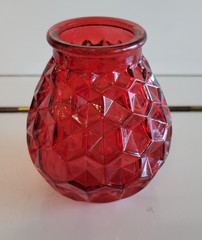 3 RUBY RED DECORATIVE BOTTLES ASYMMETRICAL CYLINDER AND DIAMOND POINT