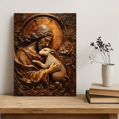 Jesus Good Shepherd Wood Carving Christian Canvas Wall Art Lamb