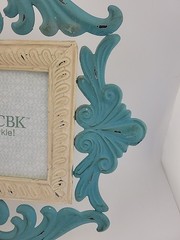 Shabby Chic Photo Frame~Teal Cream~Glass 12″X14″ Table or Wall Bling Flower FUN