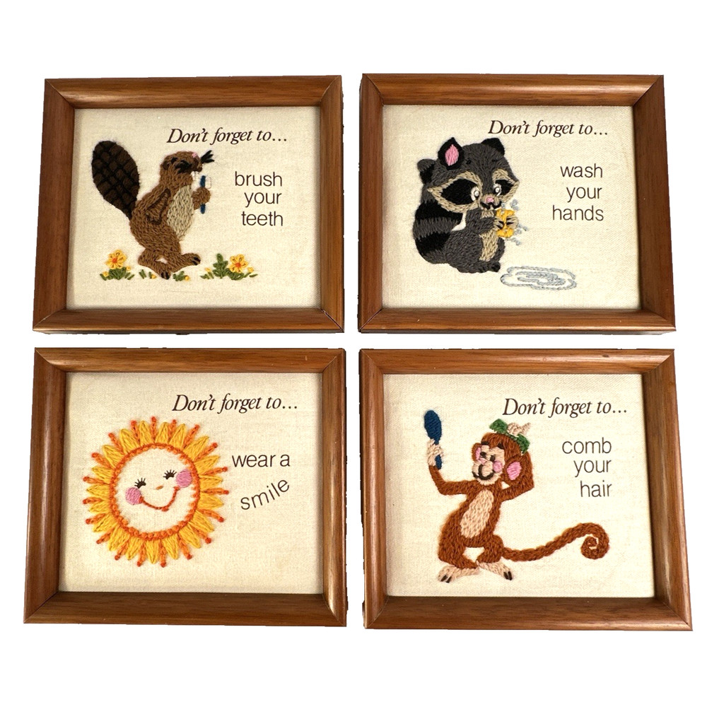 Vtg 1981 Creative Circle Crewel Friendly Reminders Framed Set/4 Child Decor