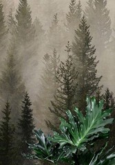 Misty Pine Tree Forest Landscape Wallpaper. Peel and Stick Wall Mural. Self Adhe