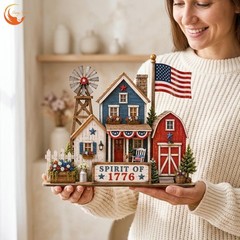 Rustic Americana Patriotic Village Figurine for Farmhouse 4th of July Decor