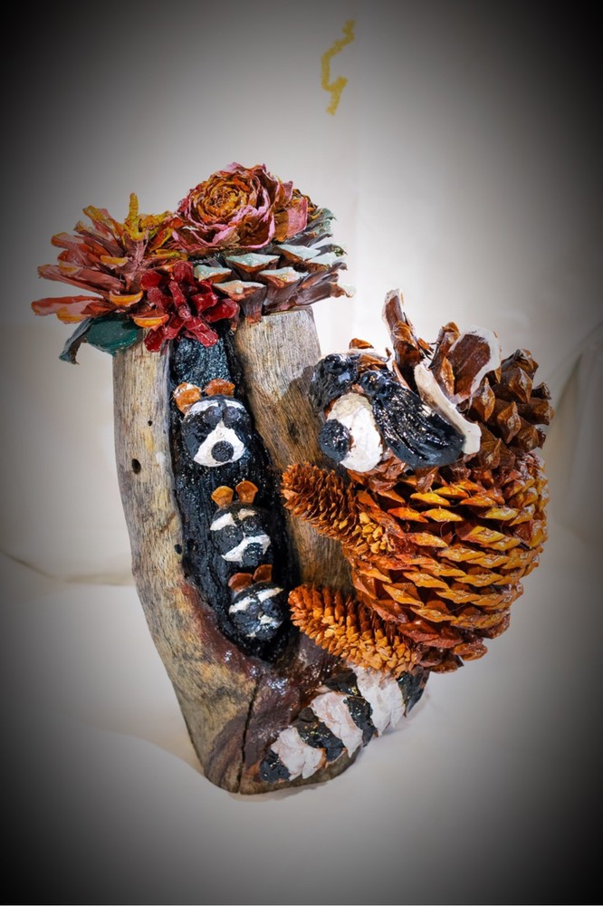 Handcrafted Wood & Pine Cone Raccoon & Babies Figurine, Nature Animal Decor