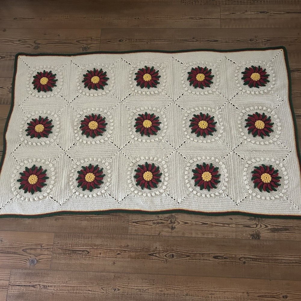 Vtg Christmas Crochet Afghan 3D Poinsettias White 38”x63” Red Green Bordered